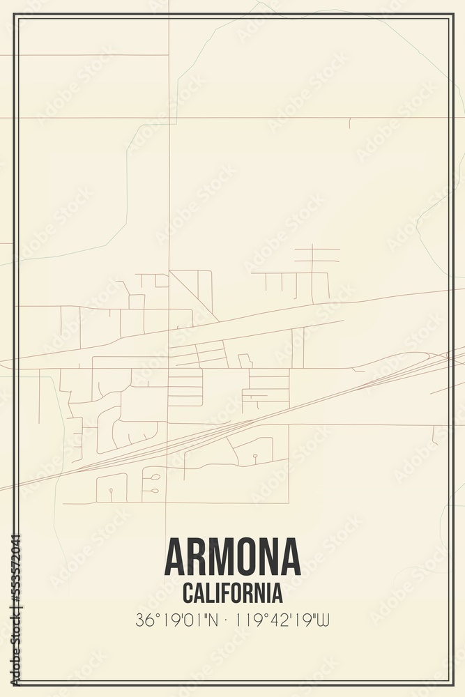 Retro US city map of Armona, California. Vintage street map.