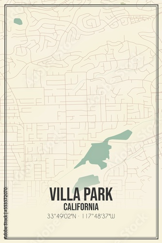Retro US city map of Villa Park  California. Vintage street map.