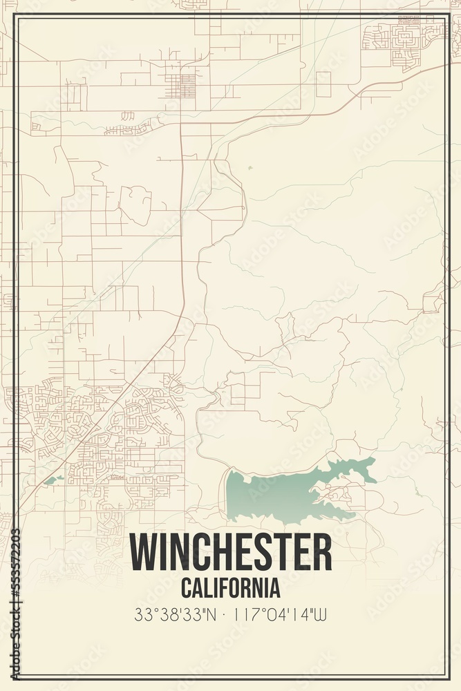 Retro US city map of Winchester, California. Vintage street map.
