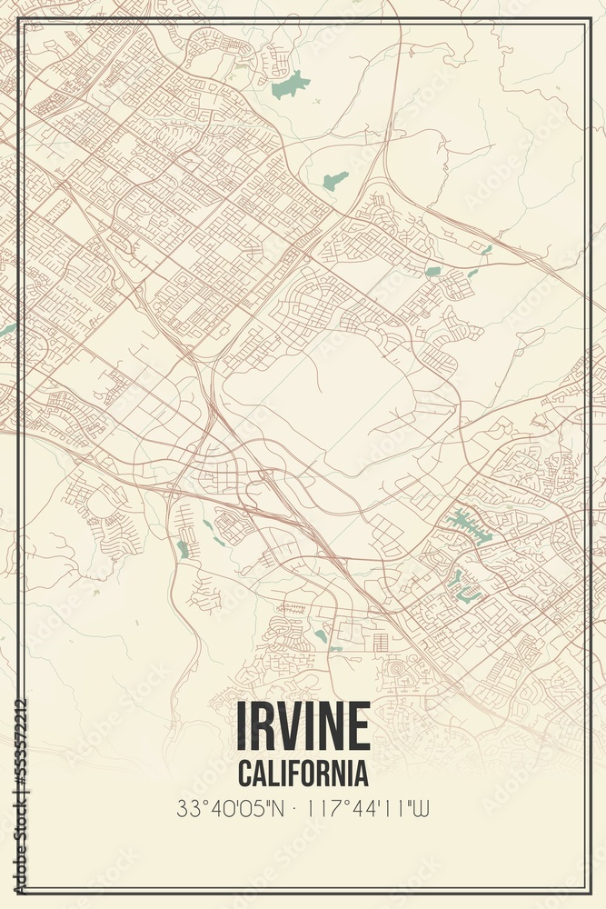 Retro US city map of Irvine, California. Vintage street map.