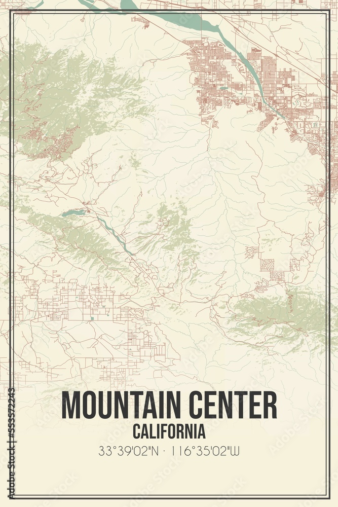 Retro US city map of Mountain Center, California. Vintage street map.