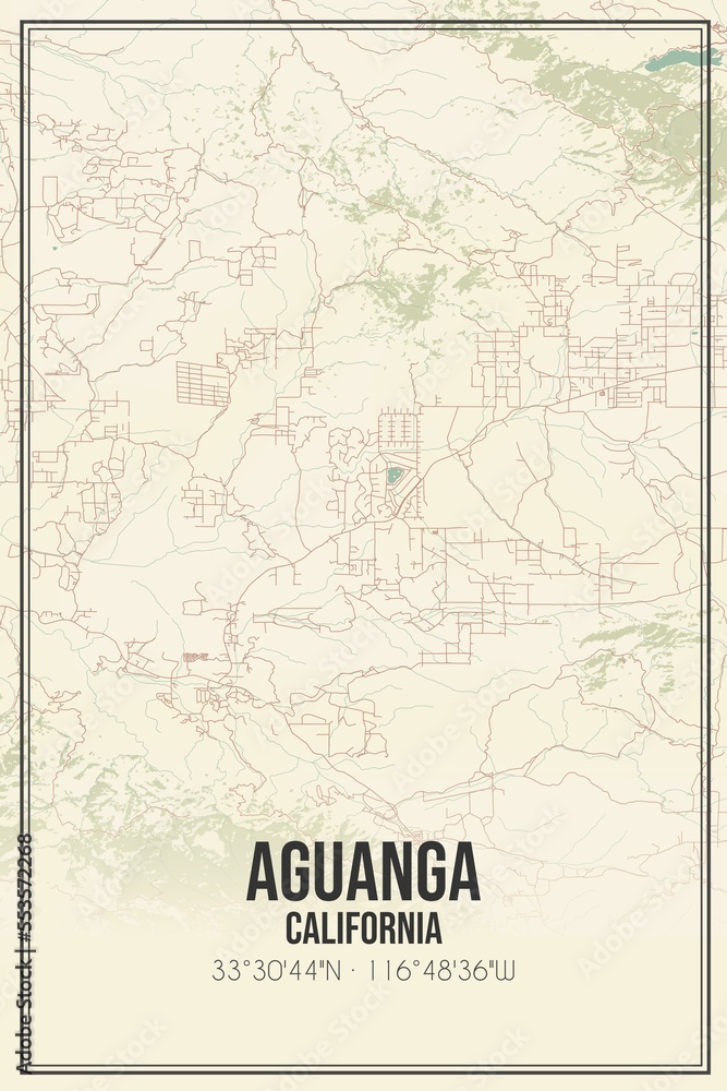 Retro US city map of Aguanga, California. Vintage street map.