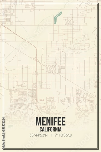 Retro US city map of Menifee, California. Vintage street map.