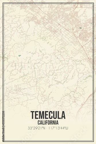 Retro US city map of Temecula  California. Vintage street map.