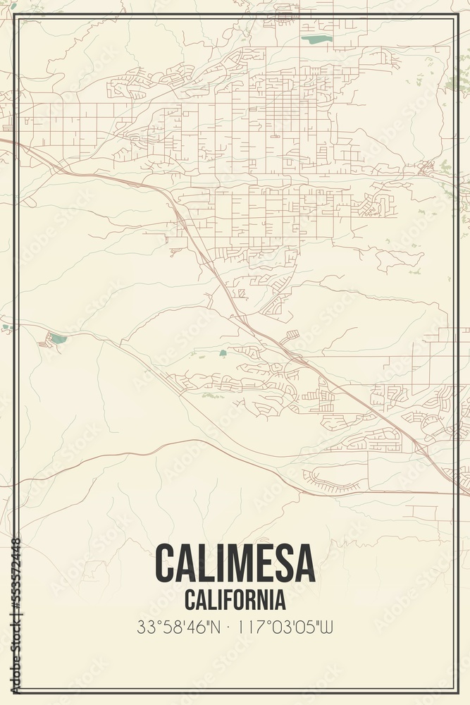 Retro US city map of Calimesa, California. Vintage street map.