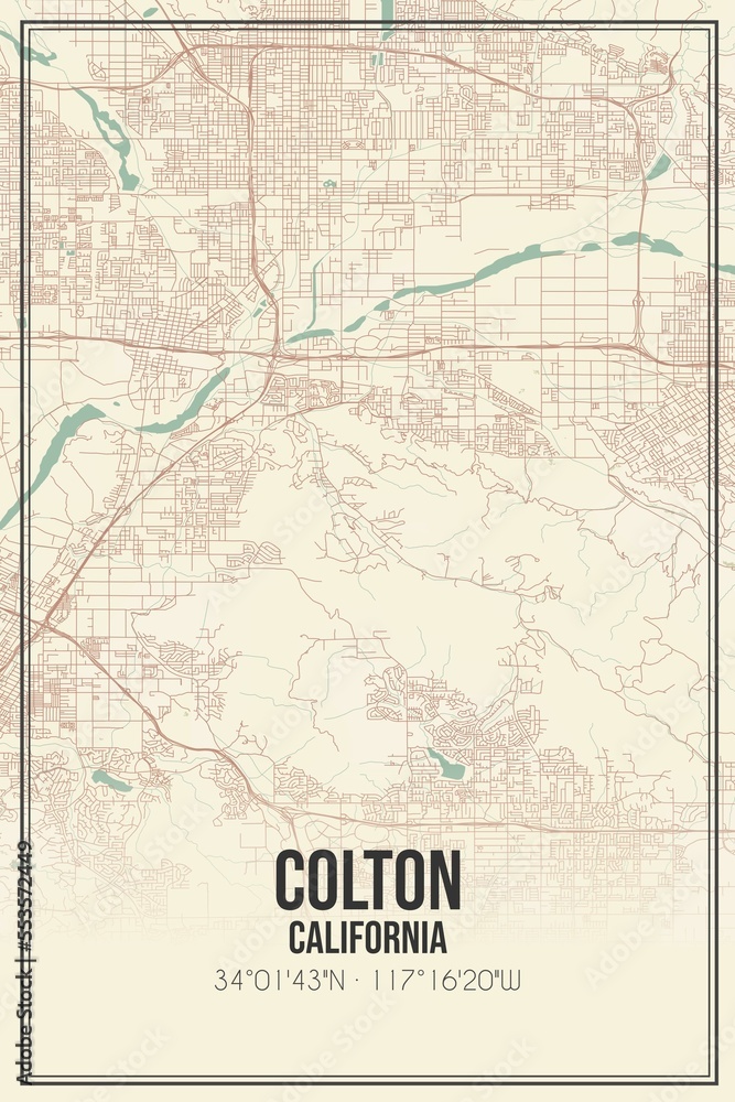 Fototapeta premium Retro US city map of Colton, California. Vintage street map.