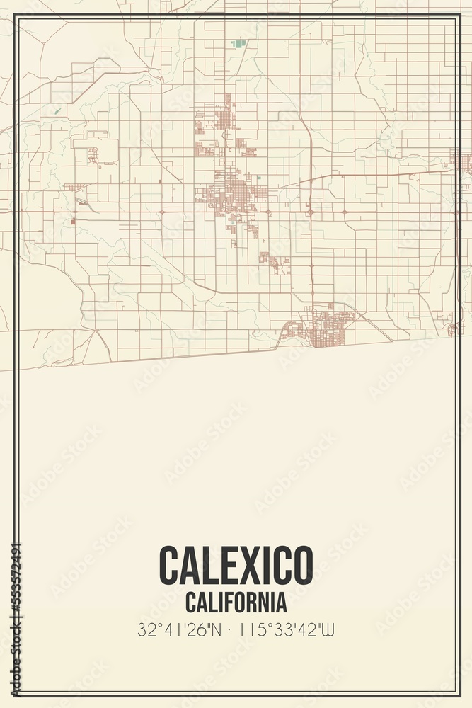Retro US city map of Calexico, California. Vintage street map. Stock
