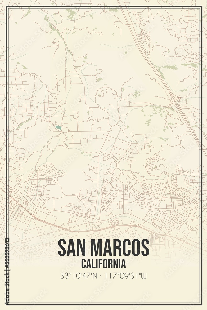 Retro US city map of San Marcos, California. Vintage street map.