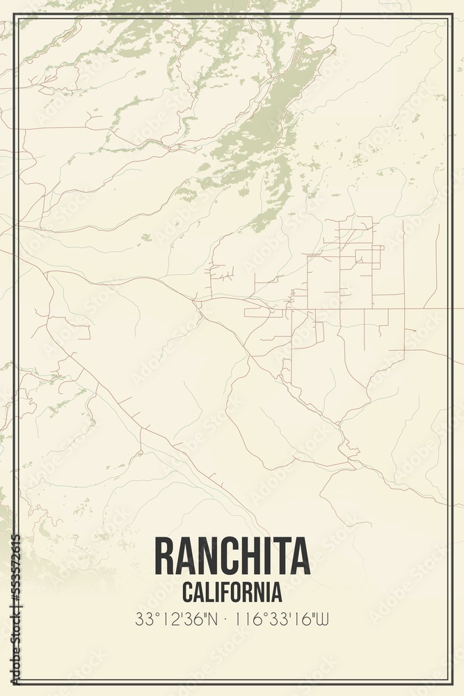 Retro US city map of Ranchita, California. Vintage street map.