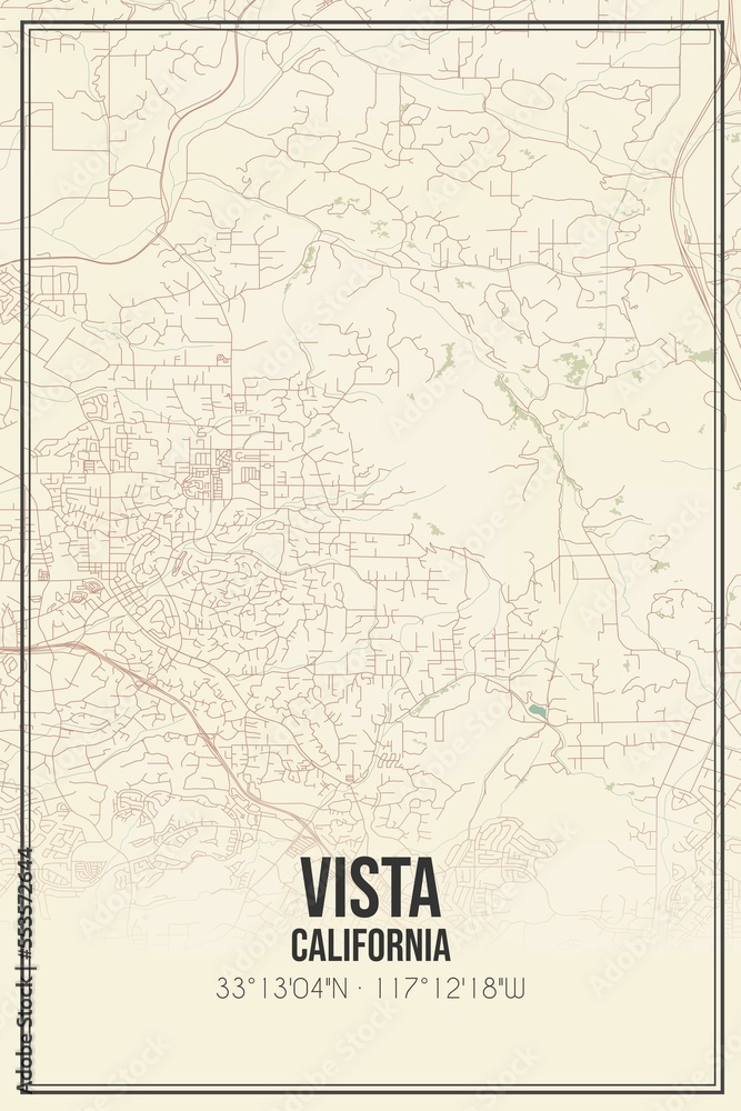 Retro US city map of Vista, California. Vintage street map.