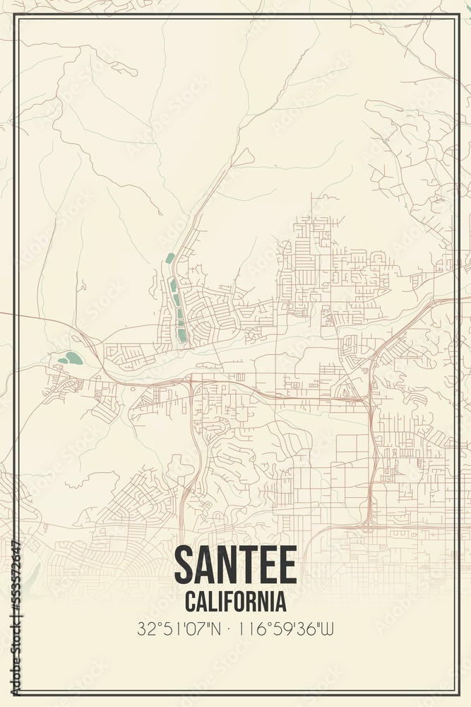Retro US city map of Santee, California. Vintage street map.