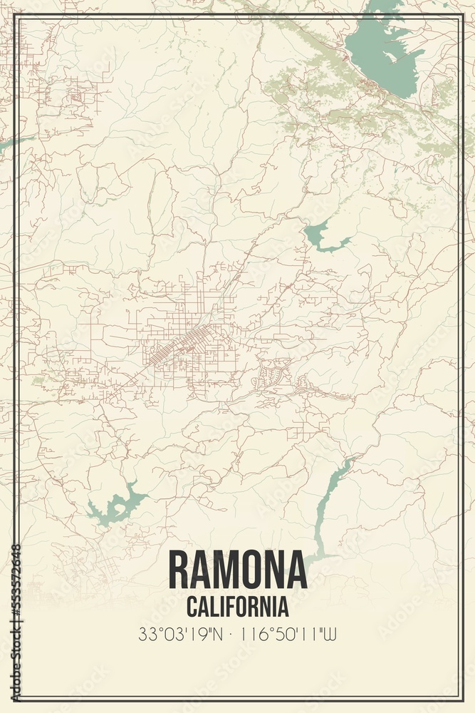 Retro US city map of Ramona, California. Vintage street map.