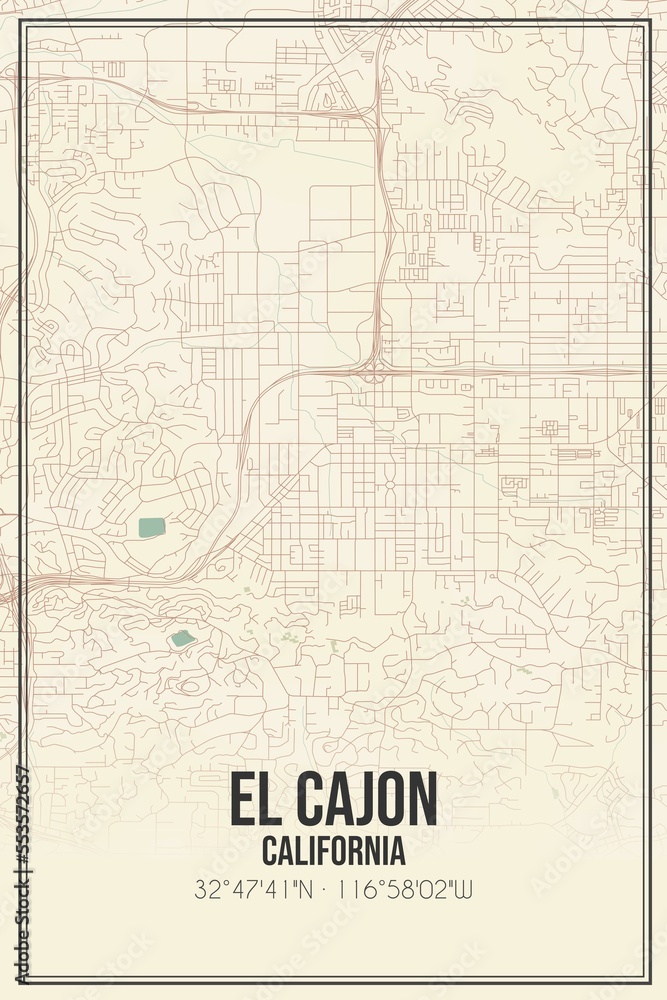 Retro US city map of El Cajon, California. Vintage street map.