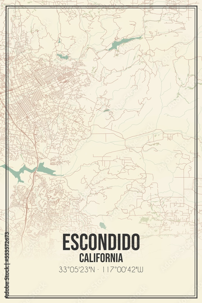 Retro US city map of Escondido, California. Vintage street map.