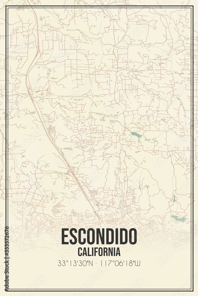 Retro US city map of Escondido, California. Vintage street map.