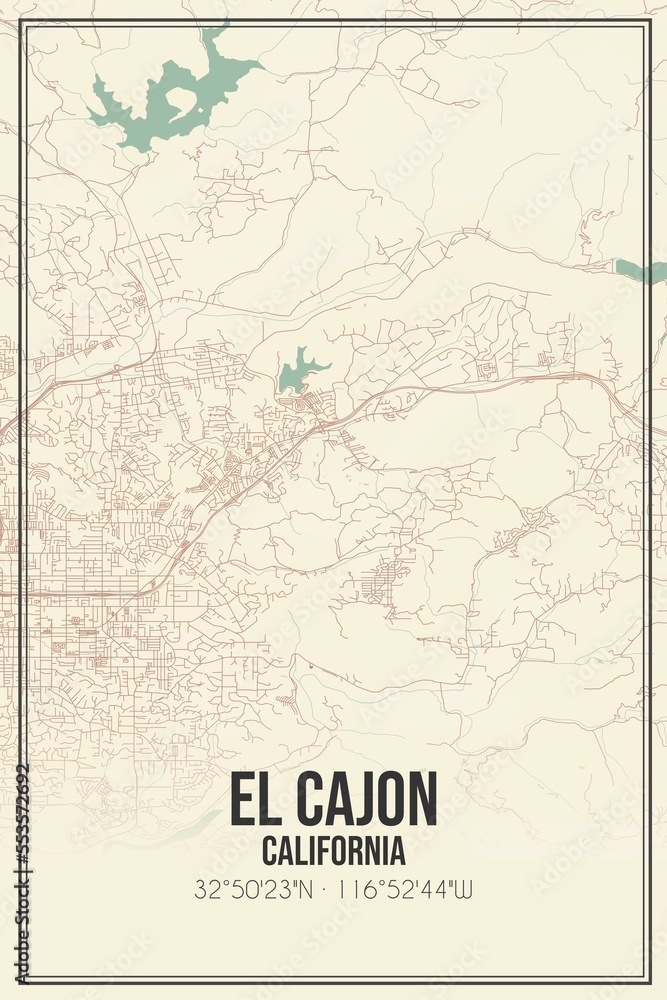 Retro US city map of El Cajon, California. Vintage street map.