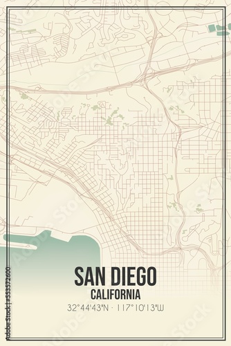 Retro US city map of San Diego  California. Vintage street map.