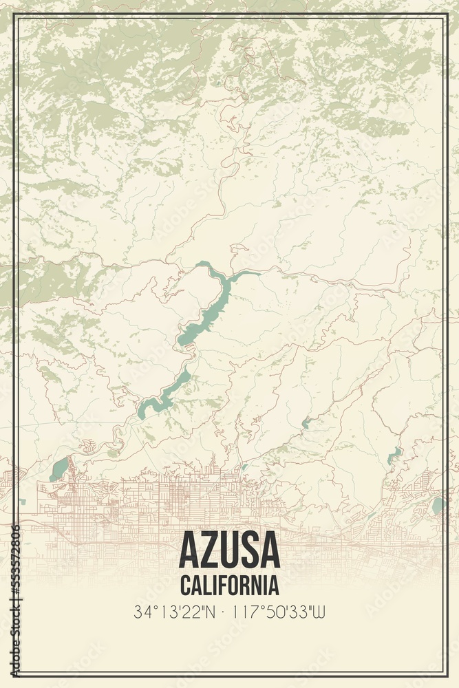 Retro US city map of Azusa, California. Vintage street map.