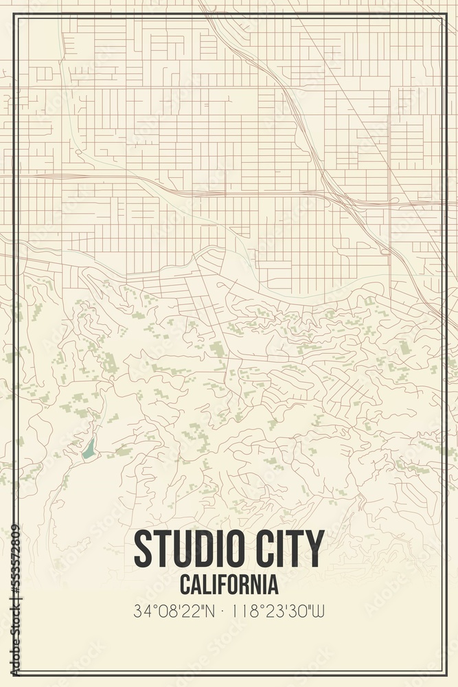 Retro US city map of Studio City, California. Vintage street map.
