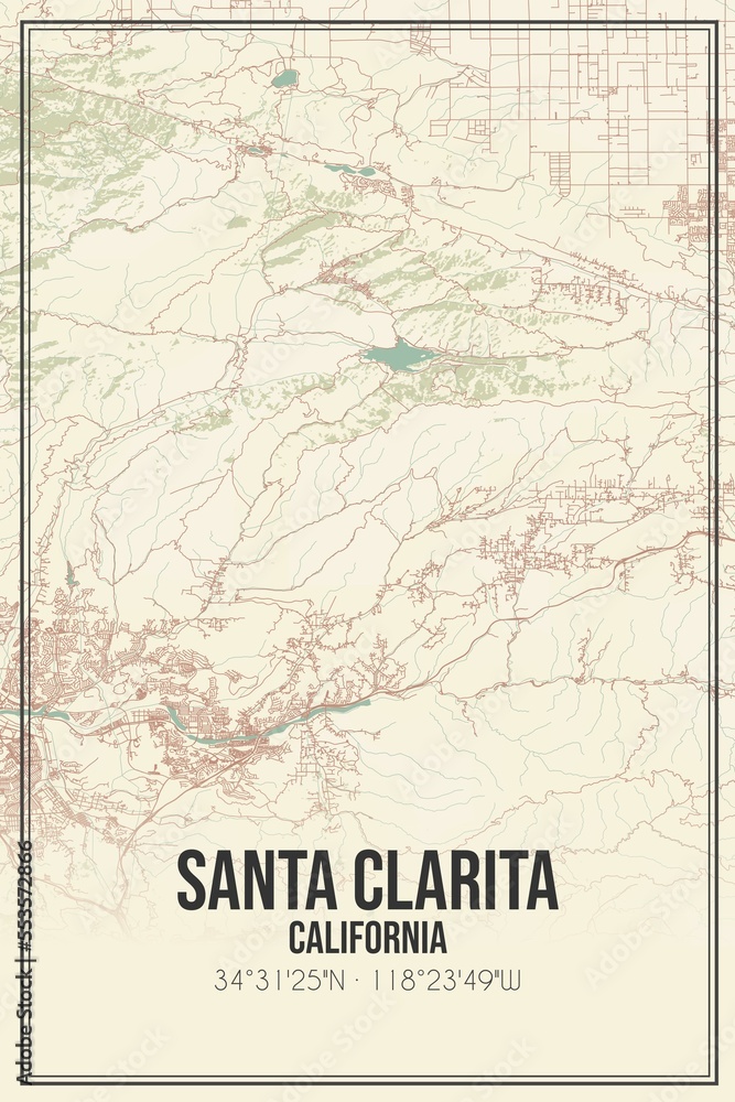 Retro US city map of Santa Clarita, California. Vintage street map.