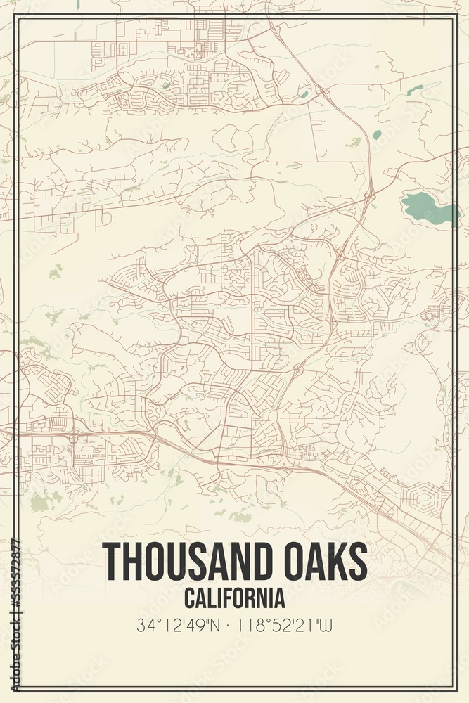 Retro US city map of Thousand Oaks, California. Vintage street map.