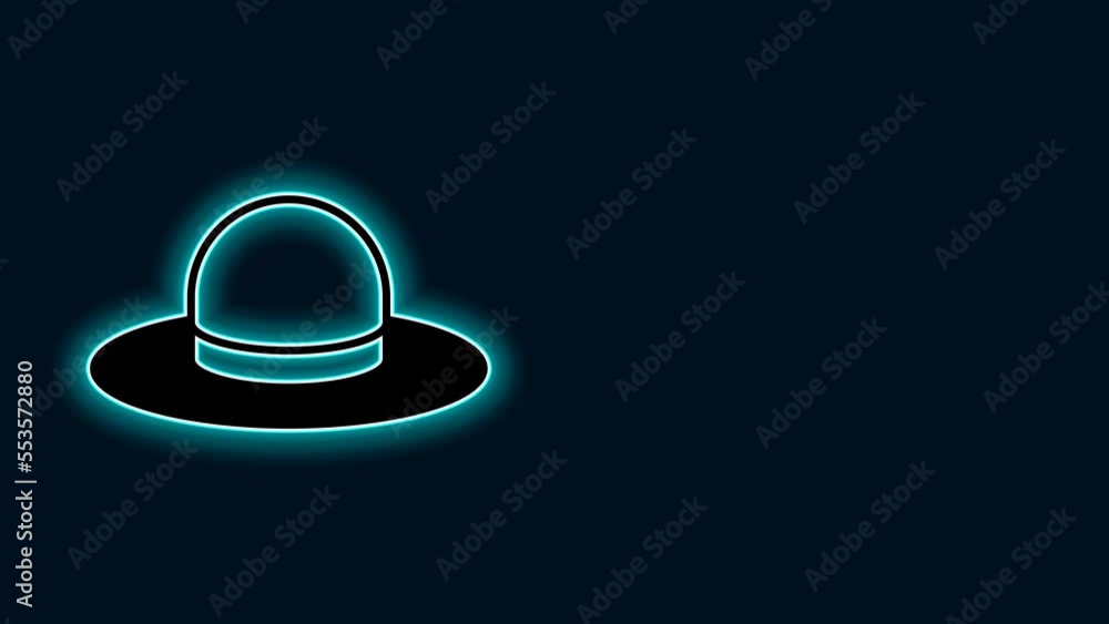 Glowing neon line Man hat with ribbon icon isolated on black background. 4K Video motion graphic animation Glowing neon line Man hat with ribbon icon isolated on black background. 4K Video motion graphic animation