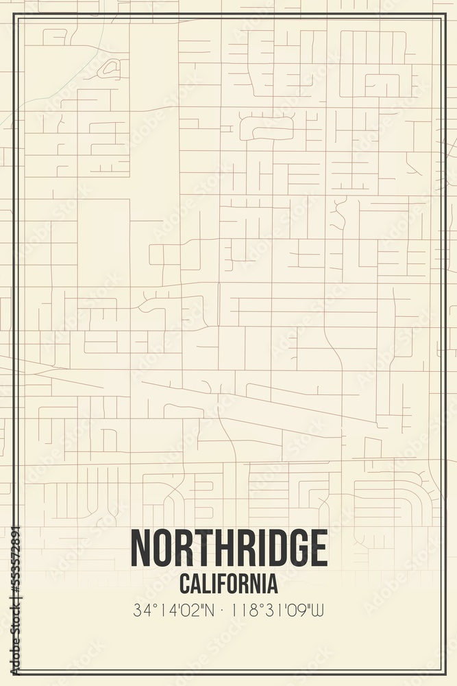 Retro US city map of Northridge, California. Vintage street map.