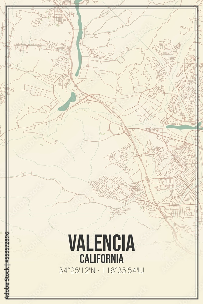 Retro US city map of Valencia, California. Vintage street map.