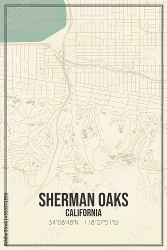 Retro US city map of Sherman Oaks  California. Vintage street map.