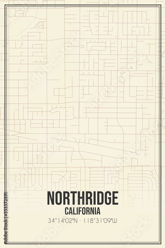Retro US city map of Northridge, California. Vintage street map.