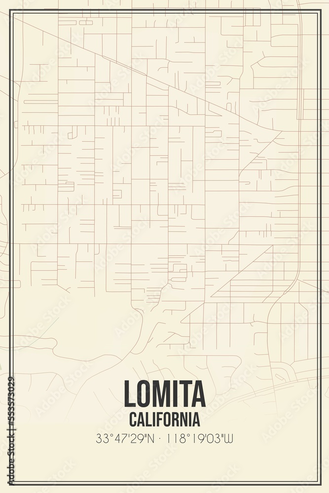 Retro US city map of Lomita, California. Vintage street map.