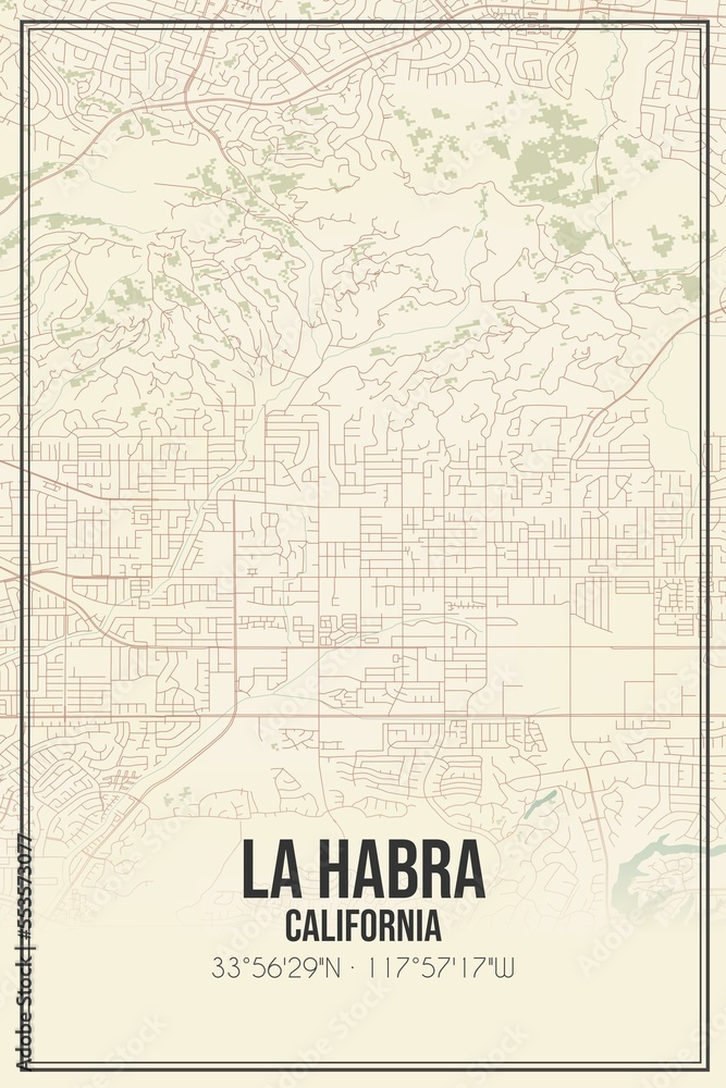 Retro US city map of La Habra, California. Vintage street map.