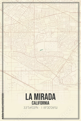 Retro US city map of La Mirada, California. Vintage street map.