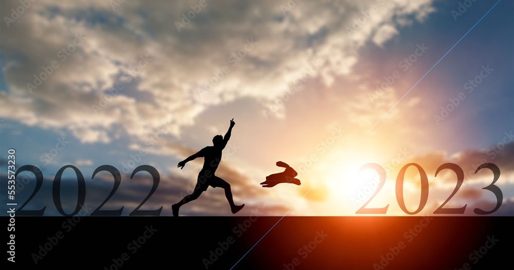 Obraz premium Silhouette running business man with bunny at sunset.