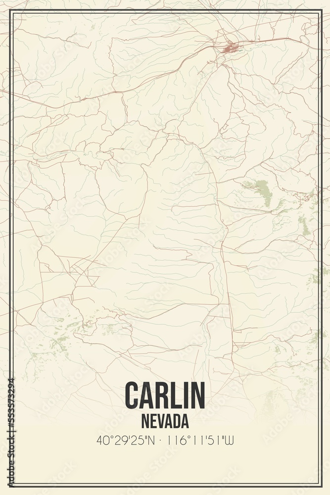 Retro US city map of Carlin, Nevada. Vintage street map.