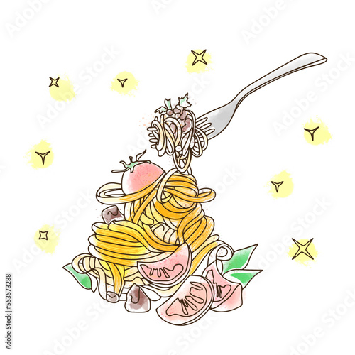 Beautiful spaghetti with meat and herbs, delicious picture for advertising