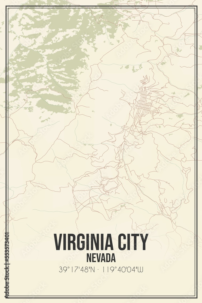 Retro US city map of Virginia City, Nevada. Vintage street map.