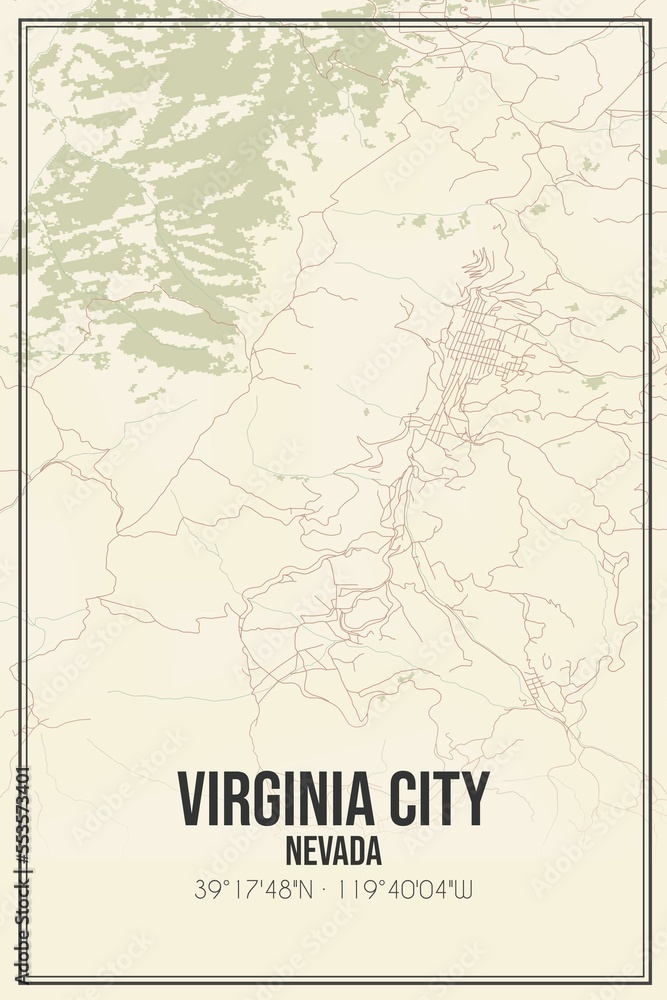 Fototapeta premium Retro US city map of Virginia City, Nevada. Vintage street map.