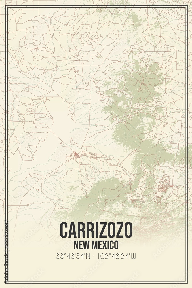 Retro US city map of Carrizozo, New Mexico. Vintage street map.