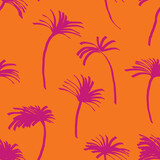 Palm trees seamless vector background. orange palm tree repeating pattern. Tropical viva magenta botanical vector background hand drawn for fabric, wrap, summer decor.