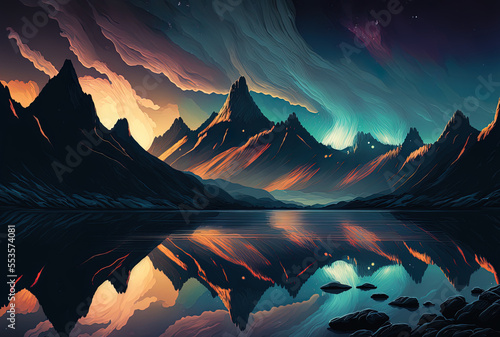 Travel to Norway at night and see the mountains and lake reflections, as well as the starry sky and moving clouds. Generative AI © 2rogan