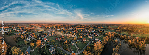 Panorama wsi Olza w Polsce na Śląsku, jesienią z lotu ptaka