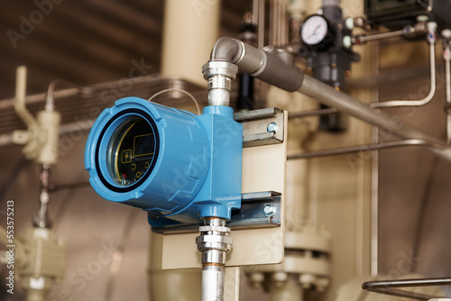 Close up detail of instrumentation and control package manufactured in a fabrication plant; Innisfail, Alberta, Canada
