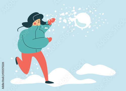 A teenager in a winter down jacket throws a snowball on the run. Winter games with snow. Color illustration for design and print. Children's winter entertainment. Flying snowball with snow.