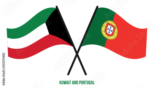 Kuwait and Portugal Flags Crossed And Waving Flat Style. Official Proportion. Correct Colors.