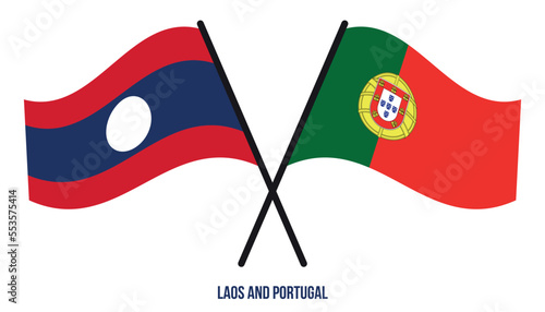 Laos and Portugal Flags Crossed And Waving Flat Style. Official Proportion. Correct Colors.