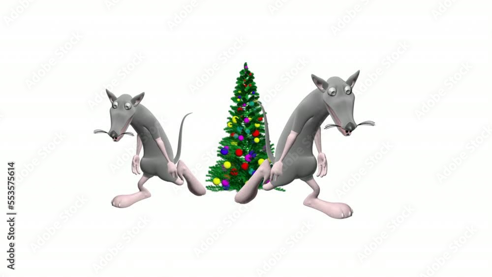 Dancing mice and Christmas tree. Realistic professional 3D animation. Mouse dance. Merry Christmas. Dancing mice and Christmas tree. Realistic professional 3D animation. Mouse dance. Merry Christmas.
