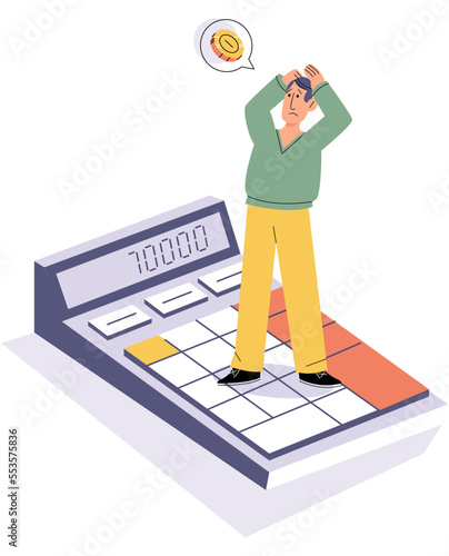 Man managing his personal finances using calculator. Save and invest money, calculate income. Calculator, coins for counting of revenue. Cash profit and wealth. Success of economy and grow of business
