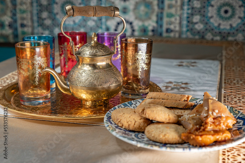 Traditional Moroccan tableware and sweets for tea ceremony