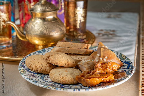 Traditional Moroccan tableware and sweets for tea ceremony